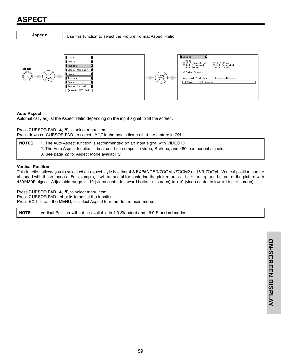 Hitachi 42HDT51, 55HDT51 important safety instructions Auto Aspect, Vertical Position 