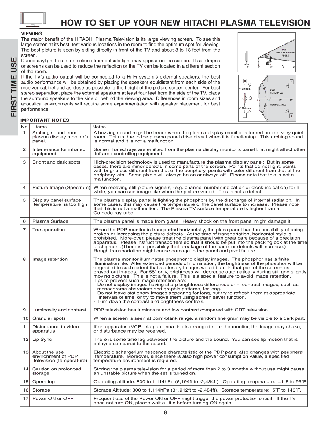 Hitachi 55HDT51, 42HDT51 important safety instructions HOW to SET UP Your NEW Hitachi Plasma Television, Viewing 