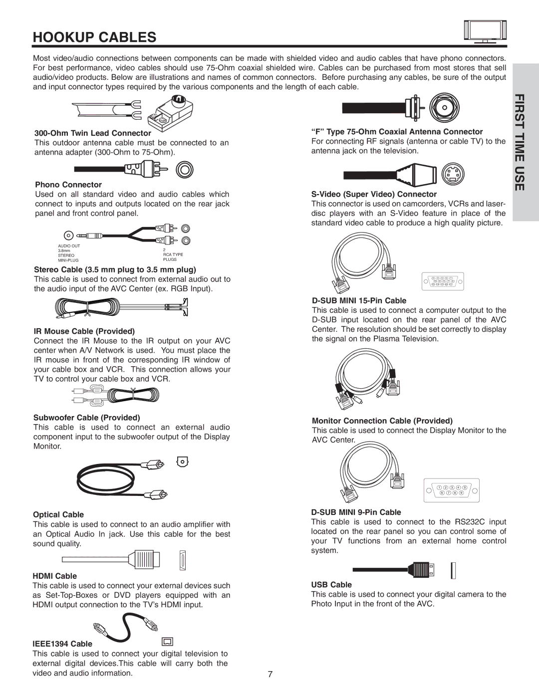 Hitachi 42HDT51, 55HDT51 important safety instructions Hookup Cables 