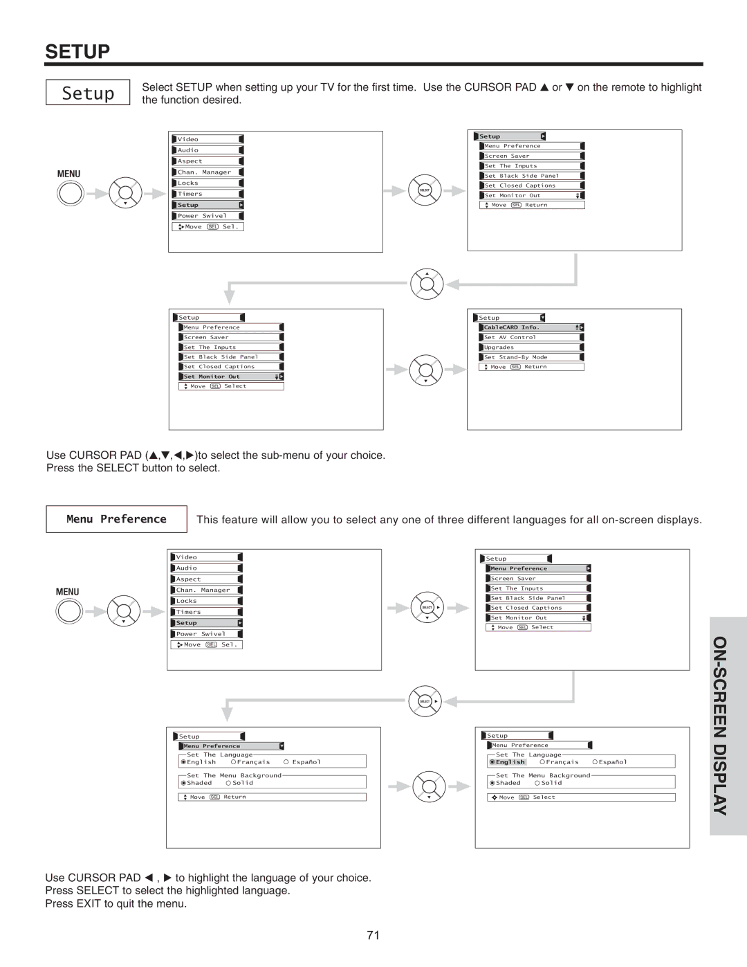 Hitachi 42HDT51, 55HDT51 important safety instructions Setup, Menu Preference 