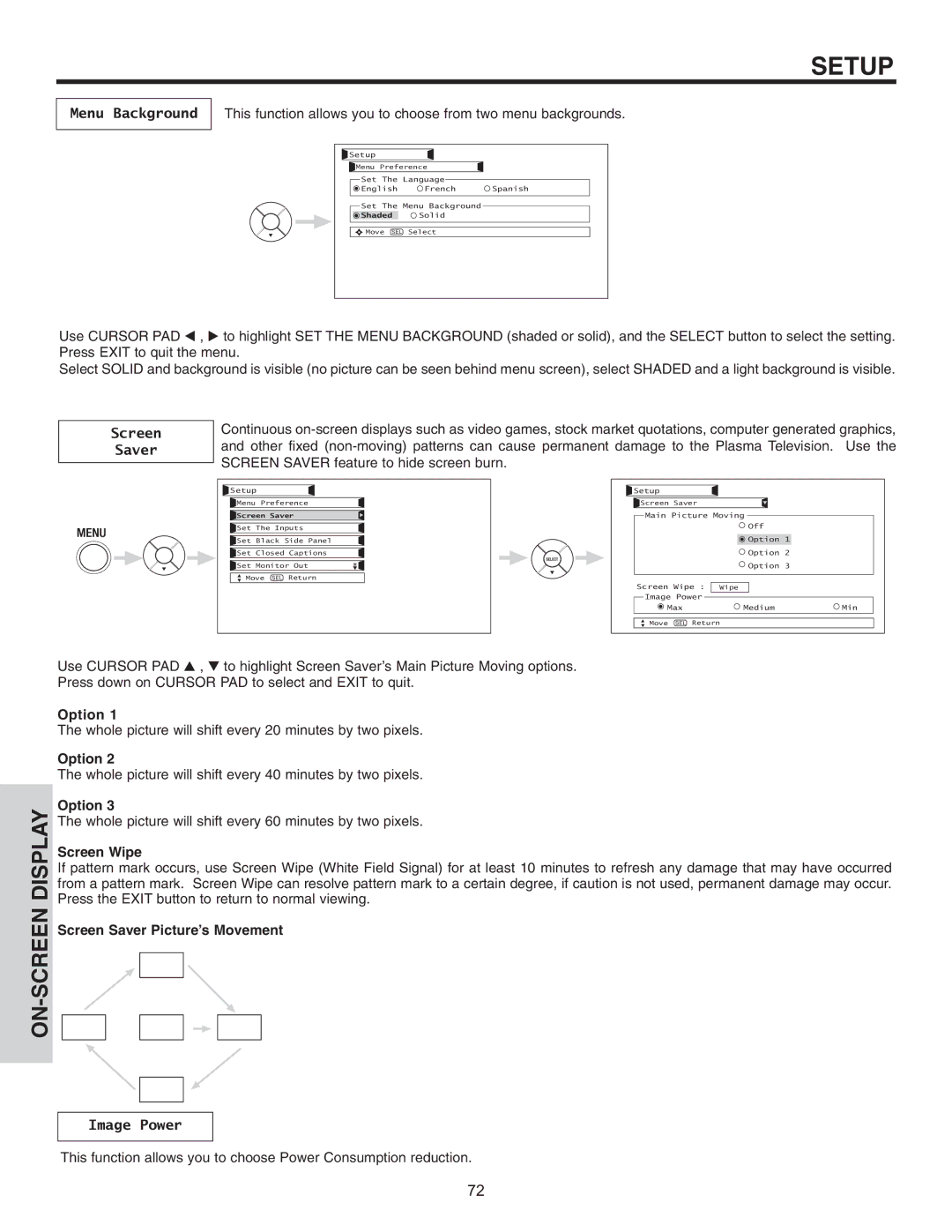 Hitachi 55HDT51, 42HDT51 important safety instructions Menu Background, Screen Saver, Image Power 