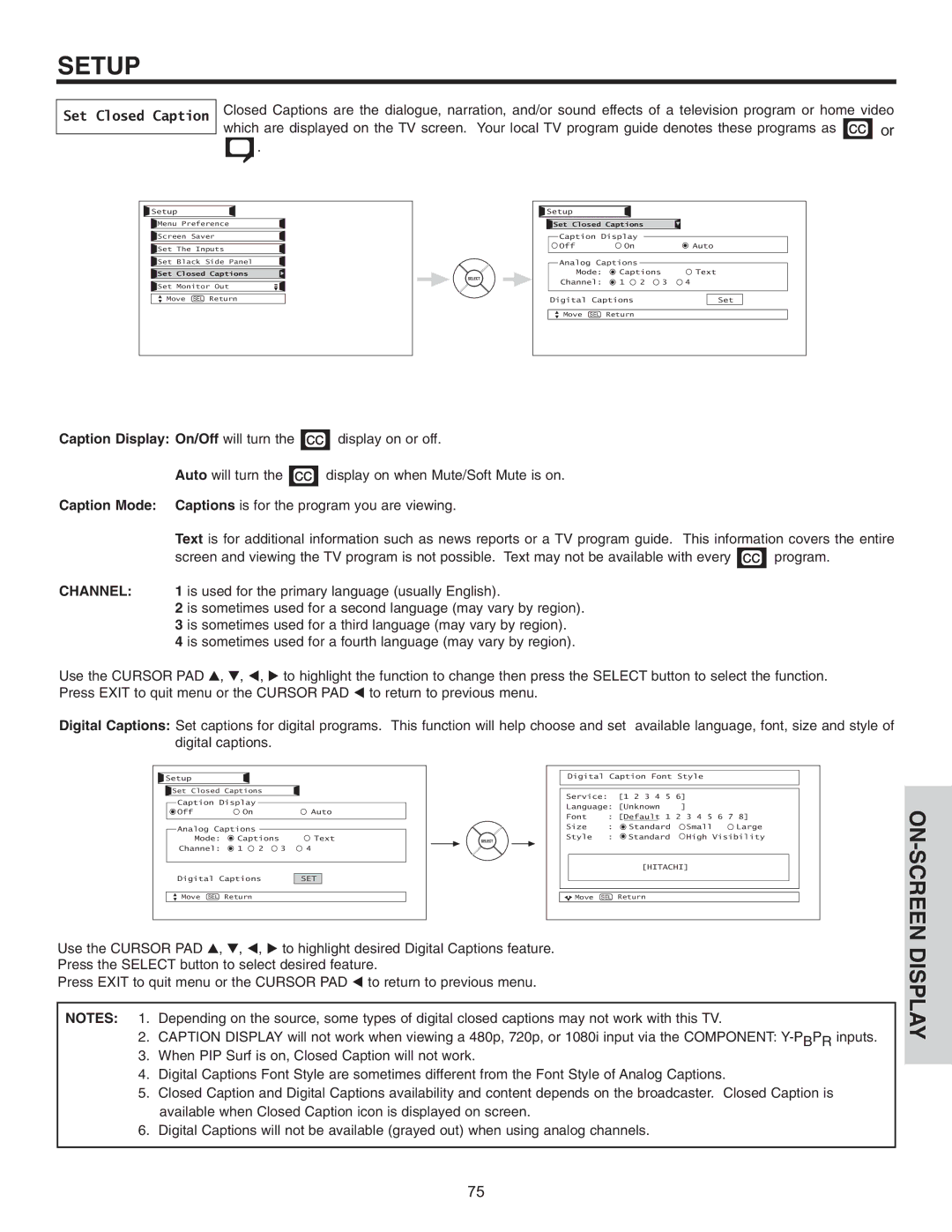 Hitachi 42HDT51, 55HDT51 important safety instructions Set Closed Caption, Caption Mode, Channel 