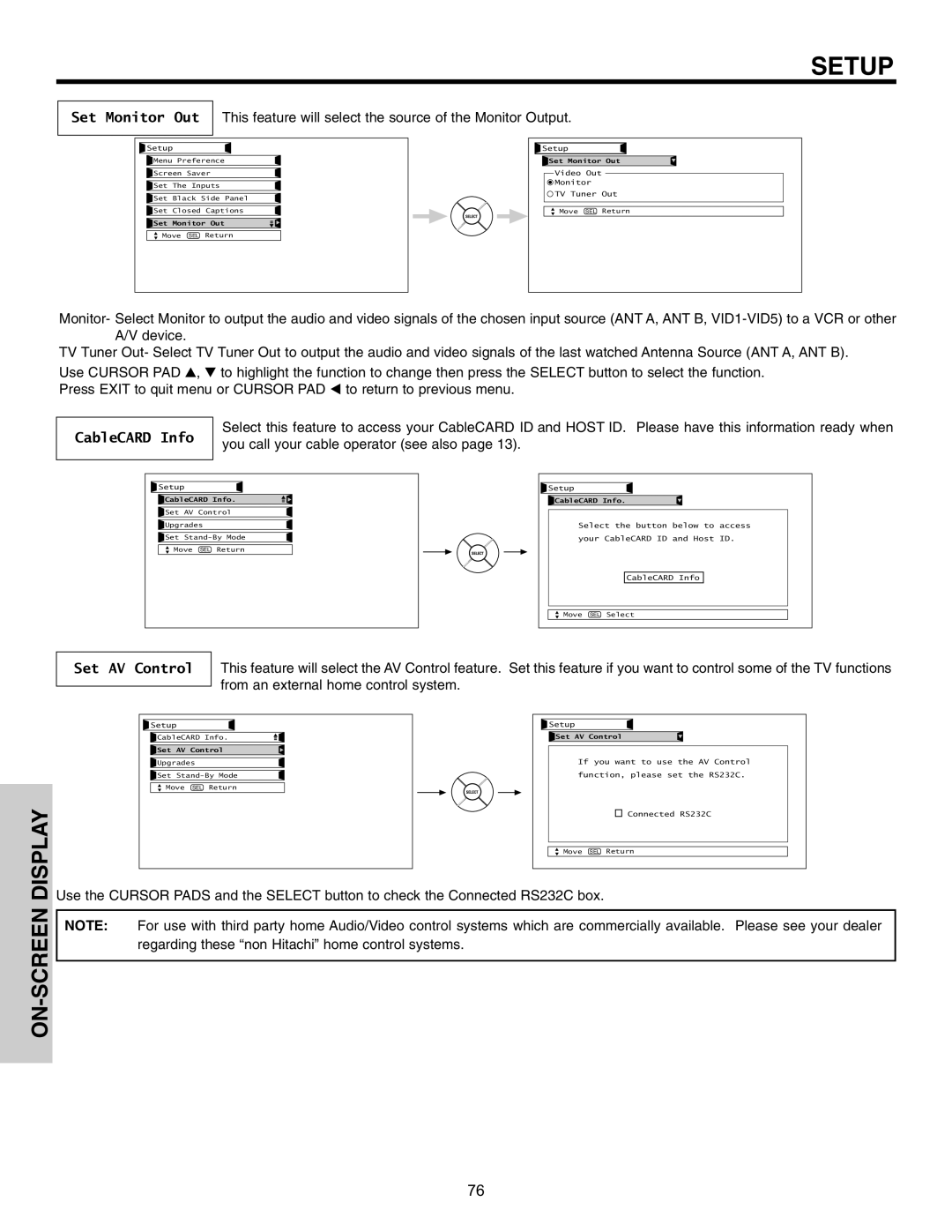 Hitachi 55HDT51, 42HDT51 important safety instructions Set Monitor Out, CableCARD Info, Set AV Control 