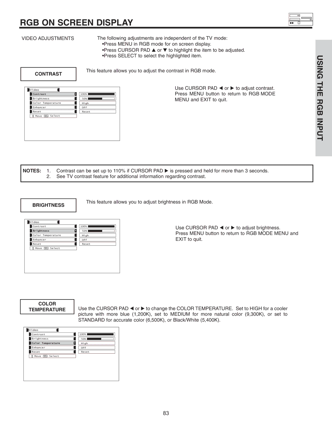 Hitachi 42HDT51, 55HDT51 important safety instructions Contrast, Brightness, Color 