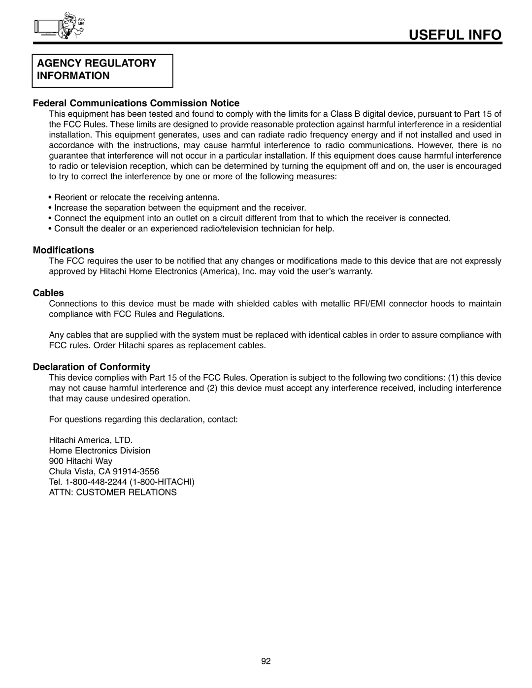 Hitachi 55HDT51, 42HDT51 important safety instructions Useful Info, Agency Regulatory Information 