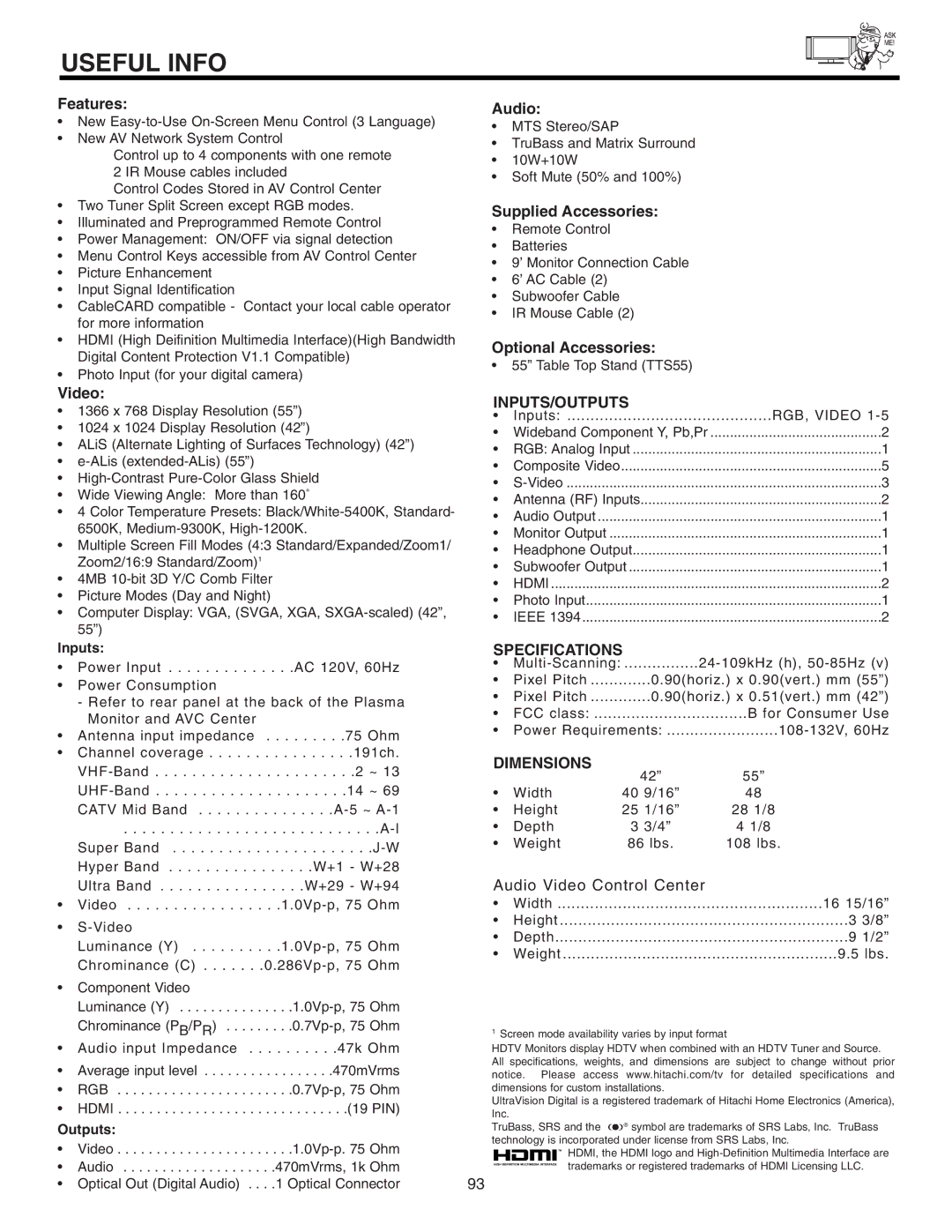 Hitachi 42HDT51, 55HDT51 important safety instructions Inputs, Outputs 