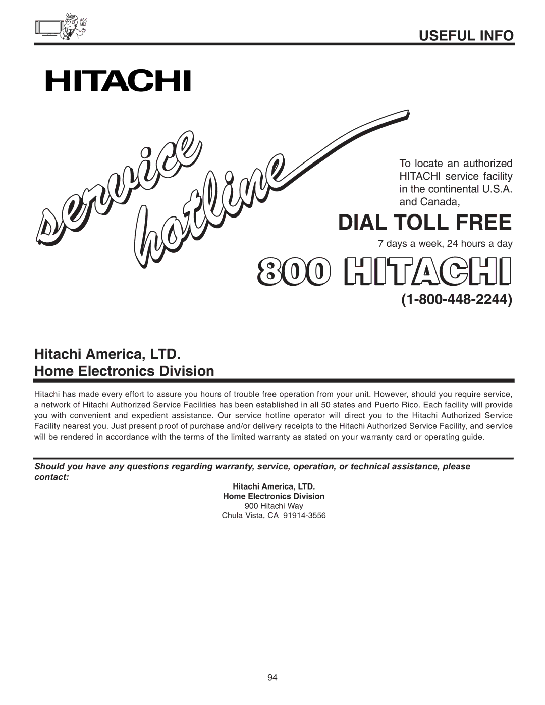 Hitachi 55HDT51, 42HDT51 important safety instructions Dial Toll Free, Home Electronics Division 