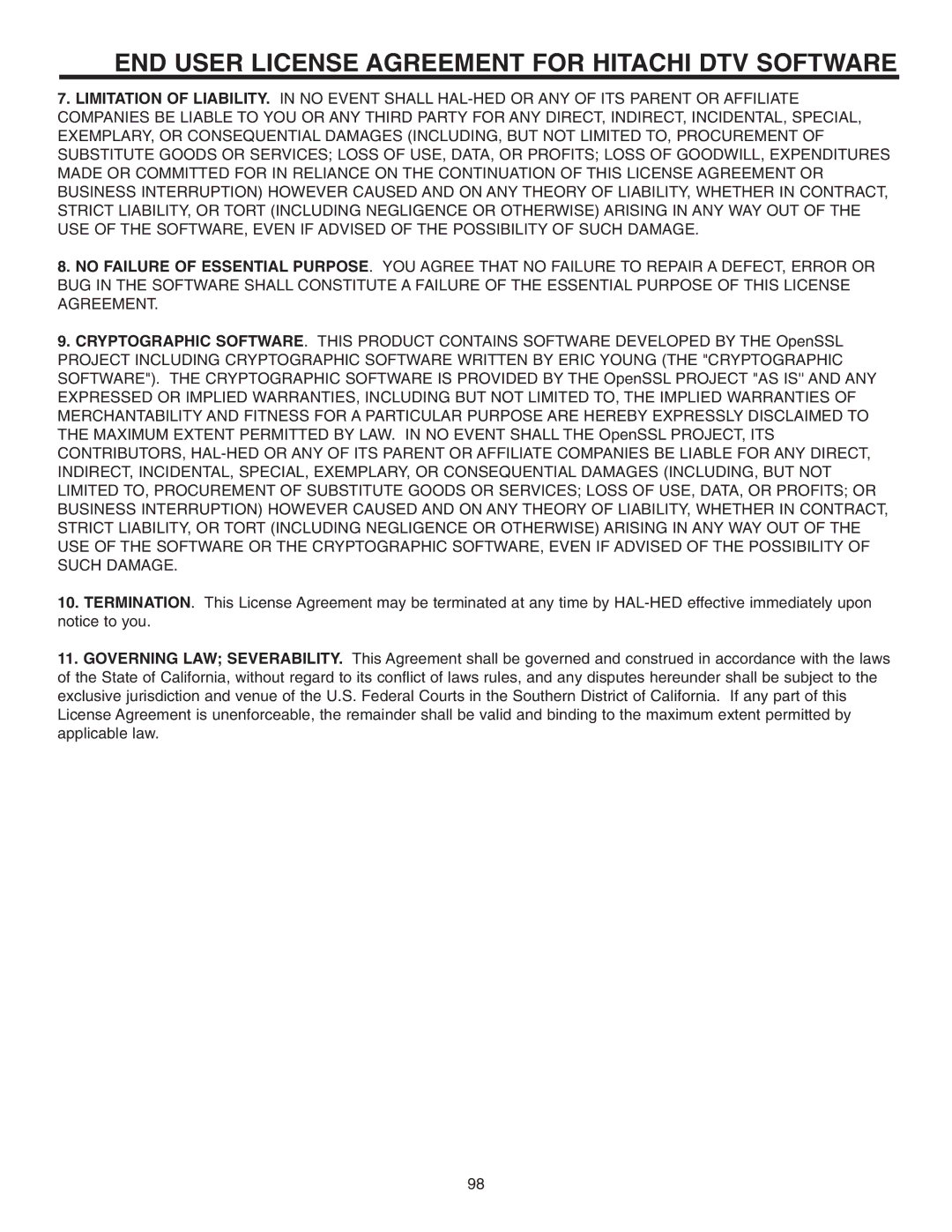 Hitachi 55HDT51, 42HDT51 important safety instructions END User License Agreement for Hitachi DTV Software 