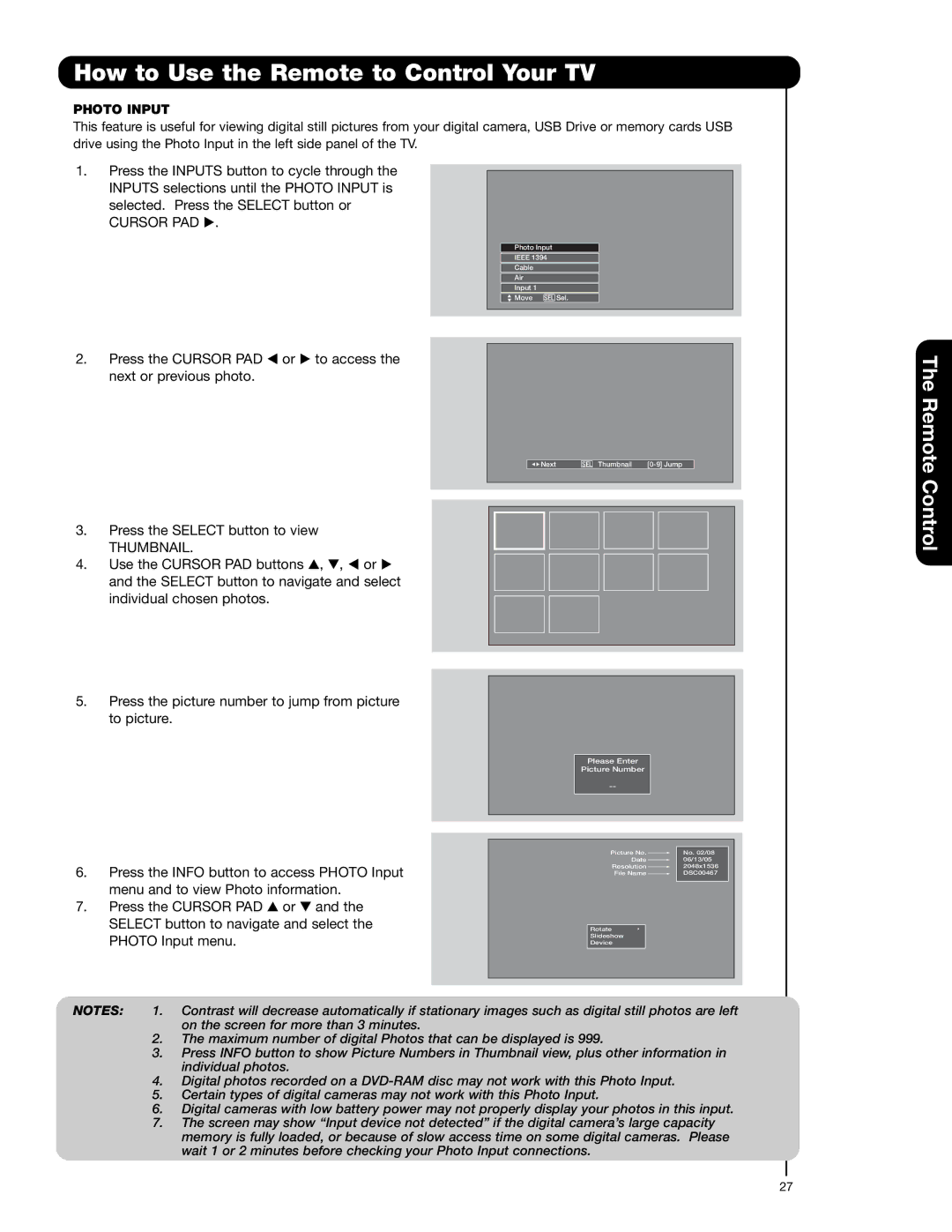 Hitachi 55HDT52 important safety instructions Cursor PAD, Photo Input 