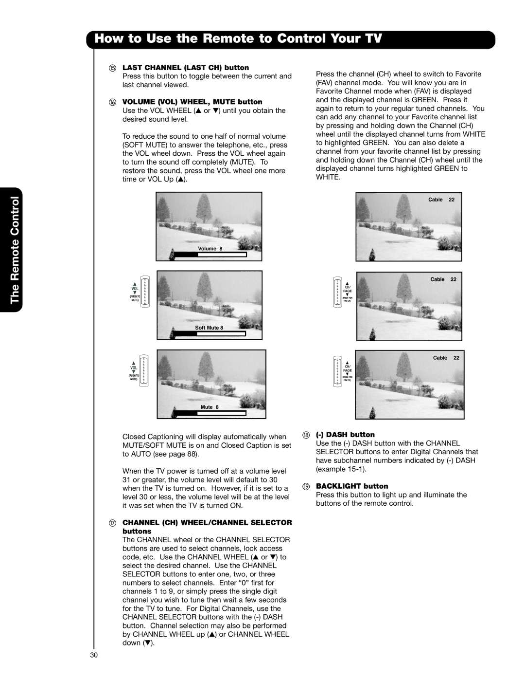 Hitachi 55HDT52 Last Channel Last CH button, Volume VOL WHEEL, Mute button, Channel CH WHEEL/CHANNEL Selector buttons 