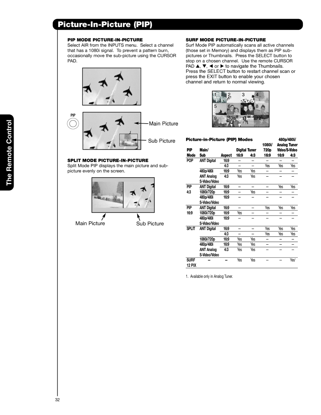 Hitachi 55HDT52 PIP Mode PICTURE-IN-PICTURE, Split Mode PICTURE-IN-PICTURE, Surf Mode PICTURE-IN-PICTURE, Pip, Pop 