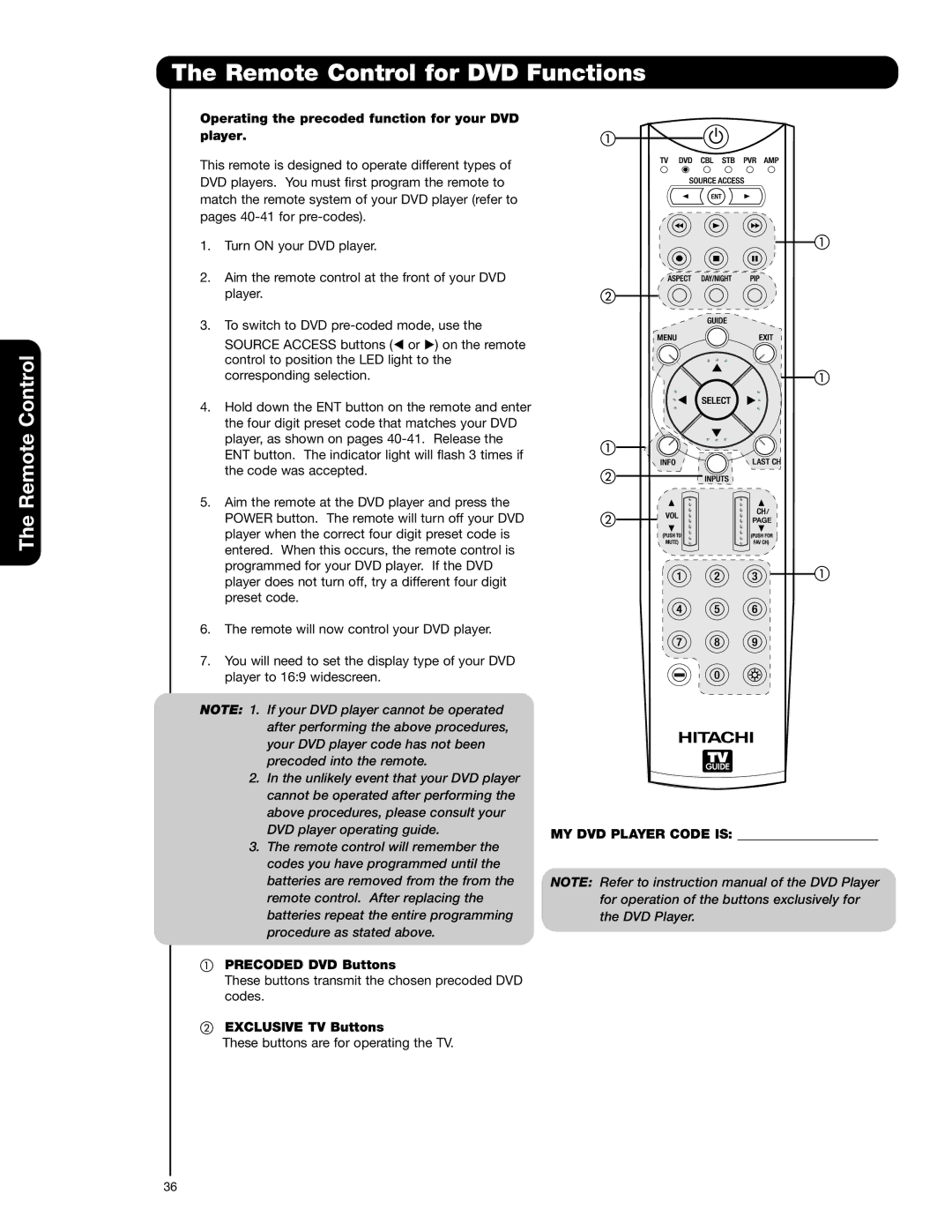 Hitachi 55HDT52 Remote Control for DVD Functions, Operating the precoded function for your DVD player 