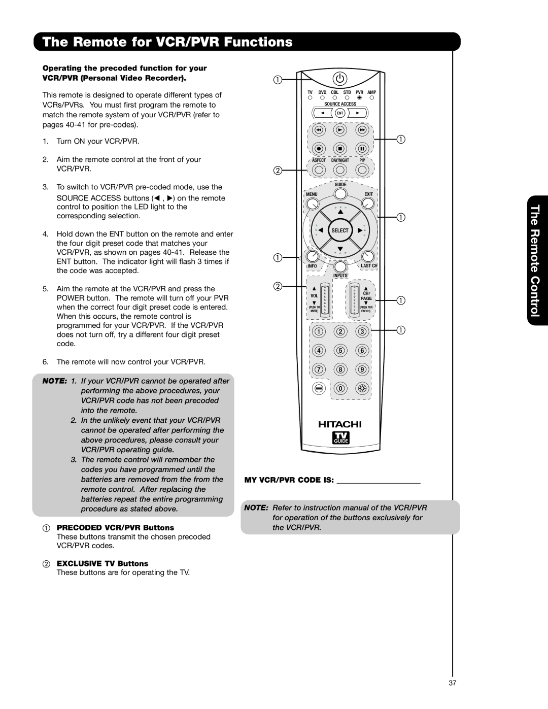 Hitachi 55HDT52 important safety instructions Remote for VCR/PVR Functions, Precoded VCR/PVR Buttons, MY VCR/PVR Code is 