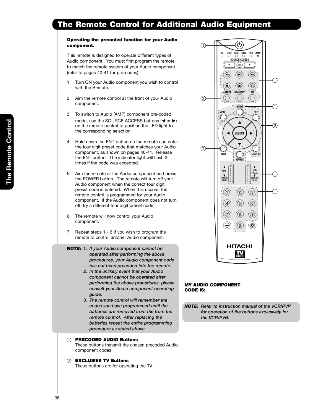 Hitachi 55HDT52 Remote Control for Additional Audio Equipment, Operating the precoded function for your Audio component 