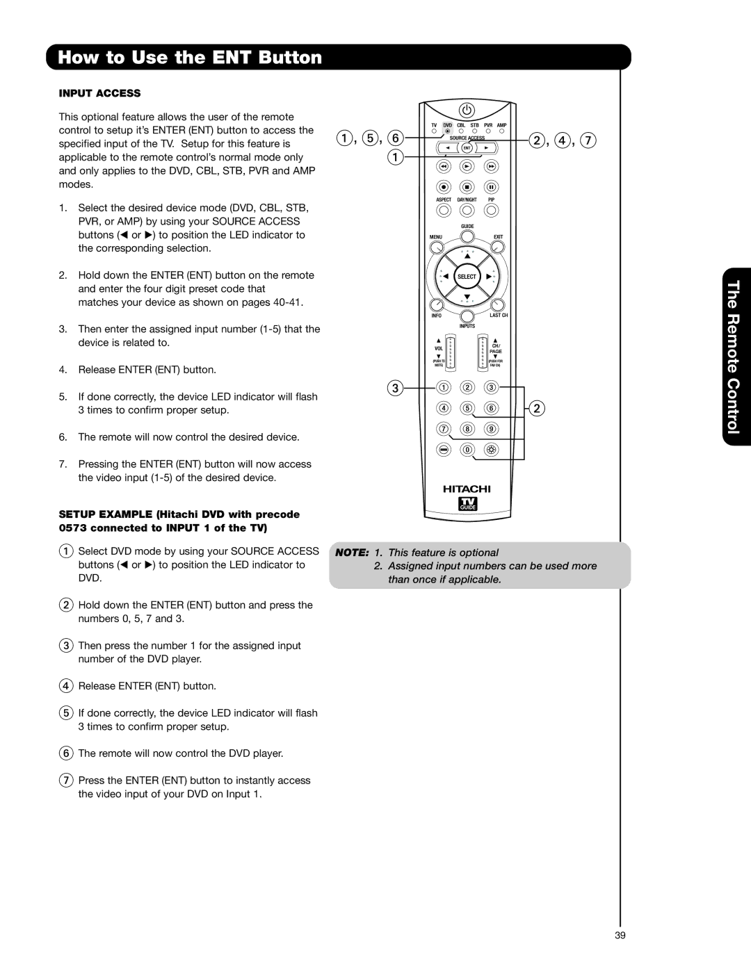 Hitachi 55HDT52 important safety instructions How to Use the ENT Button, Input Access 