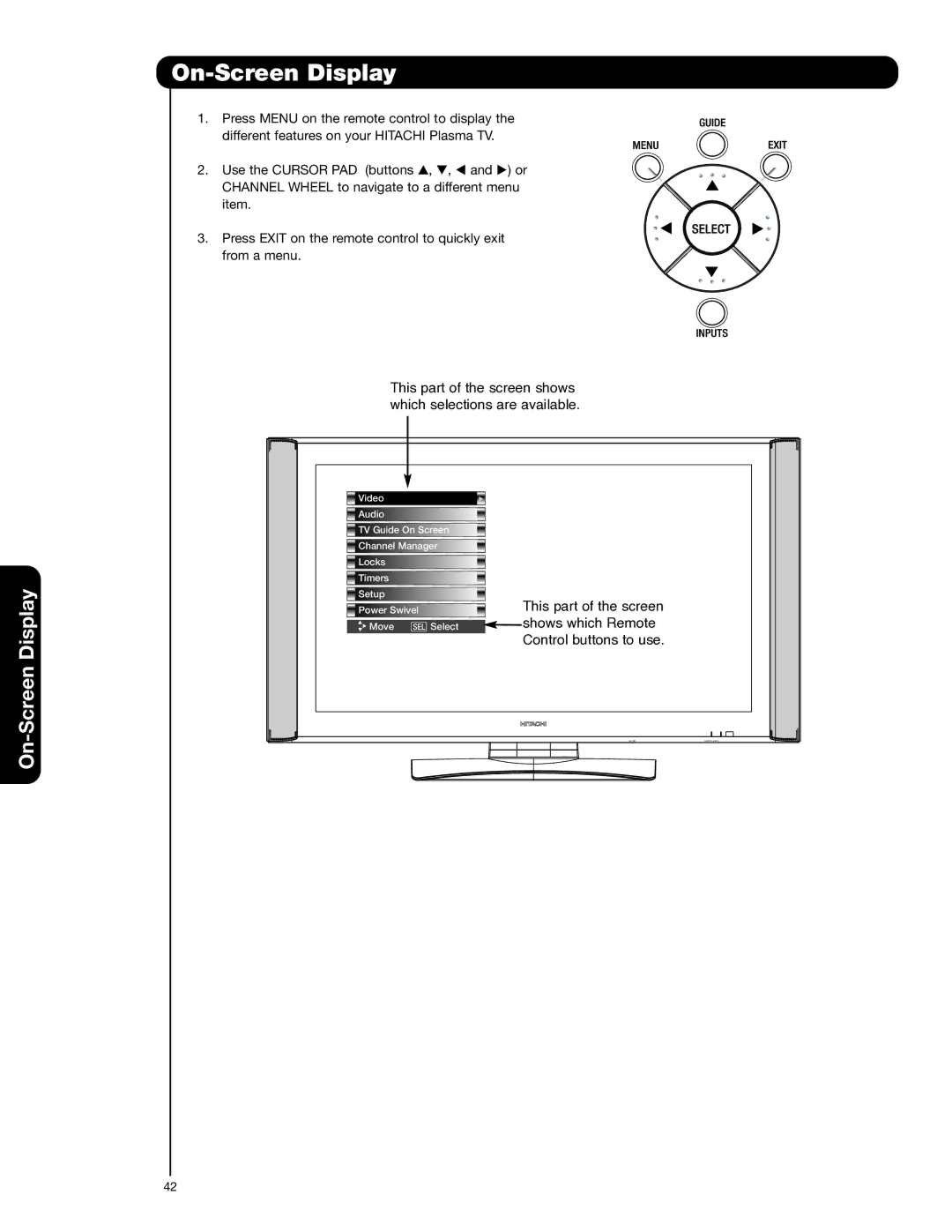 Hitachi 55HDT52 important safety instructions On-Screen Display 