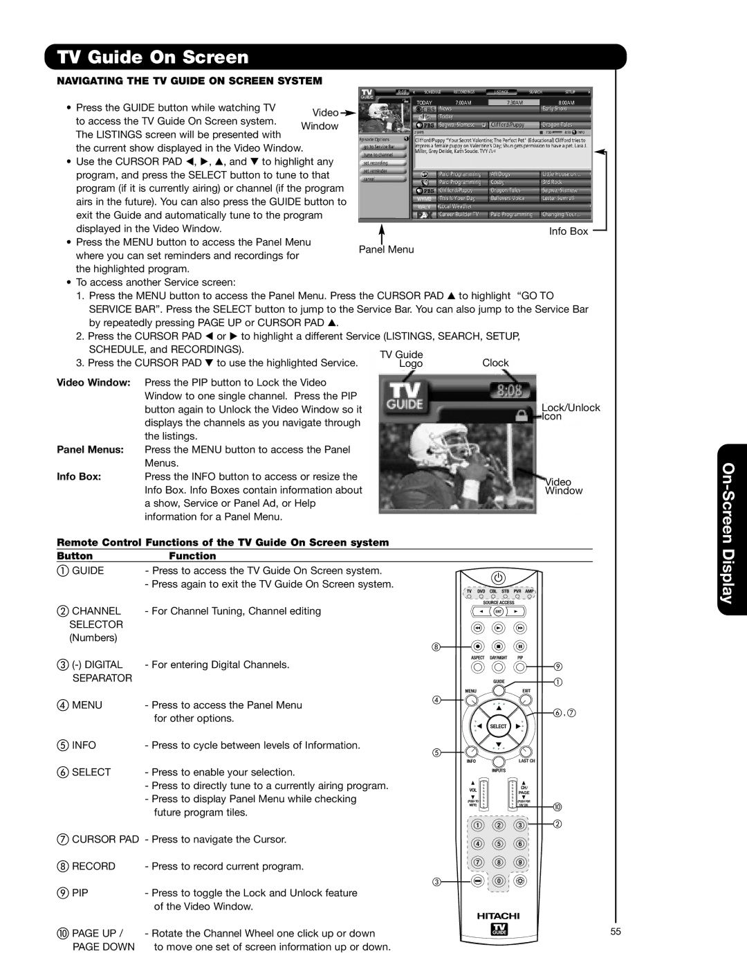 Hitachi 55HDT52 important safety instructions On-Screen, Navigating the TV Guide on Screen System 