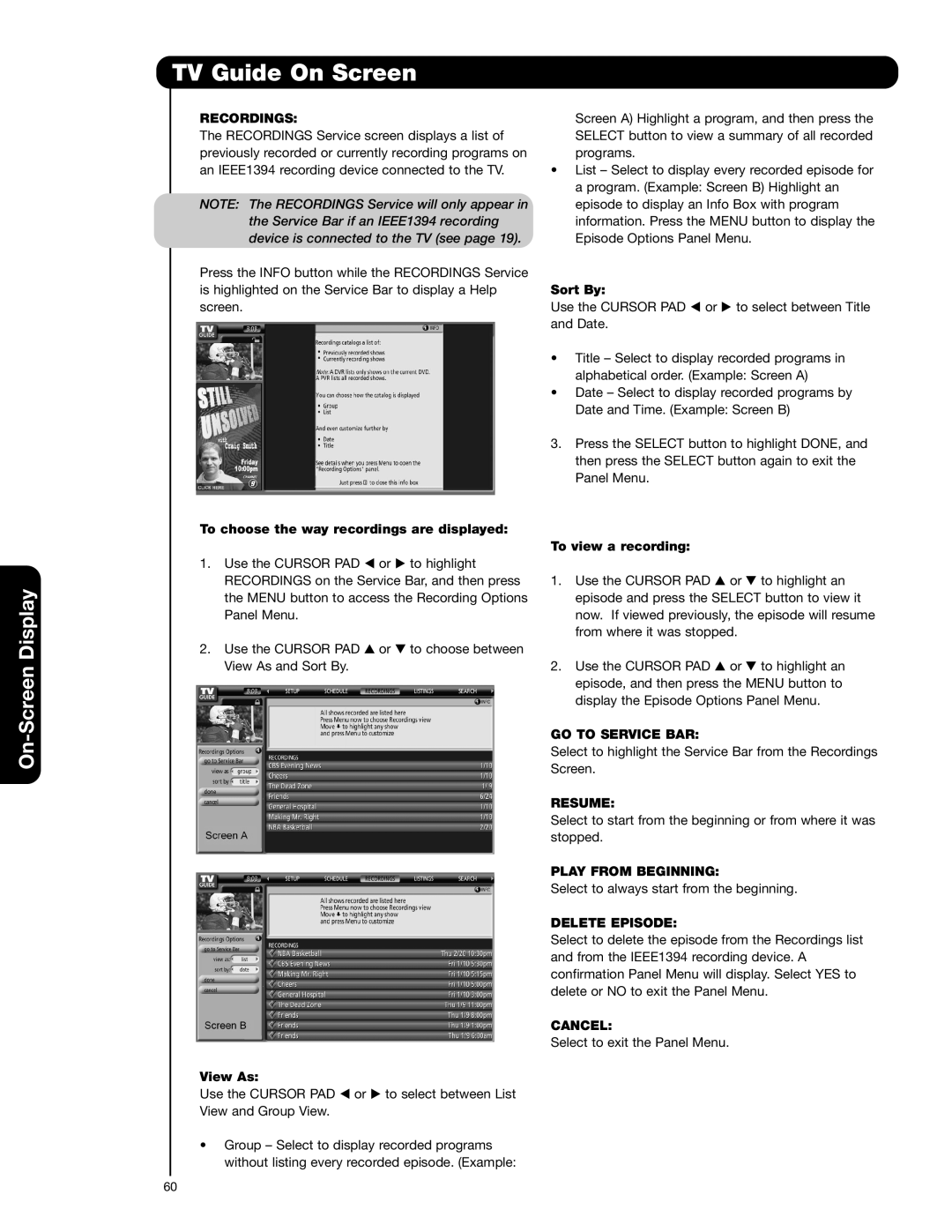 Hitachi 55HDT52 important safety instructions Recordings, Resume, Play from Beginning, Delete Episode 