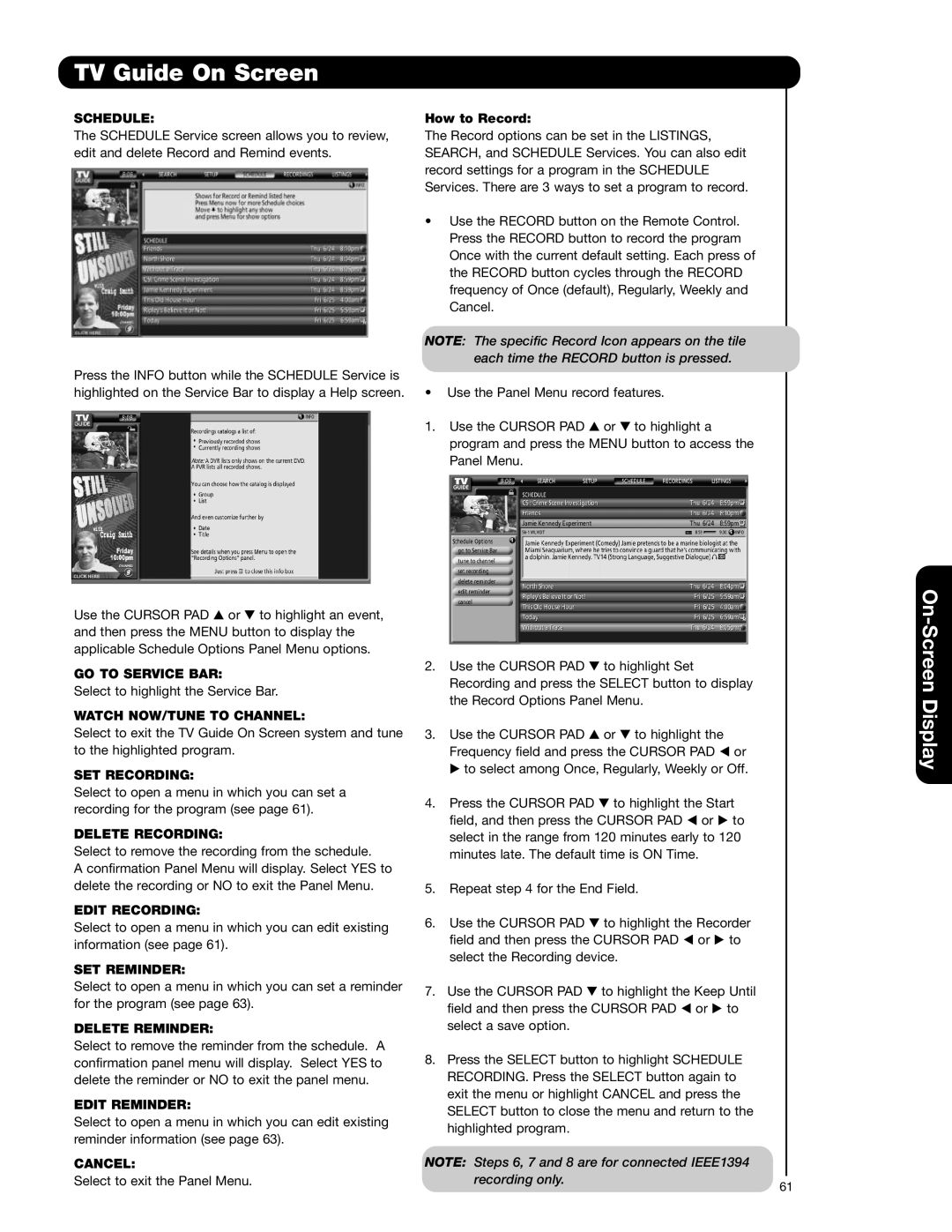 Hitachi 55HDT52 Schedule, Watch NOW/TUNE to Channel, Delete Recording, Edit Recording, Delete Reminder, Edit Reminder 