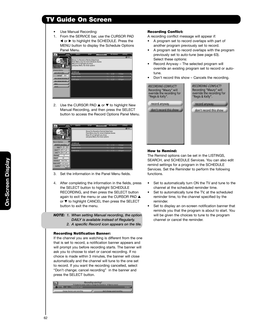 Hitachi 55HDT52 important safety instructions Recording Conflict, Recording Notification Banner, How to Remind 