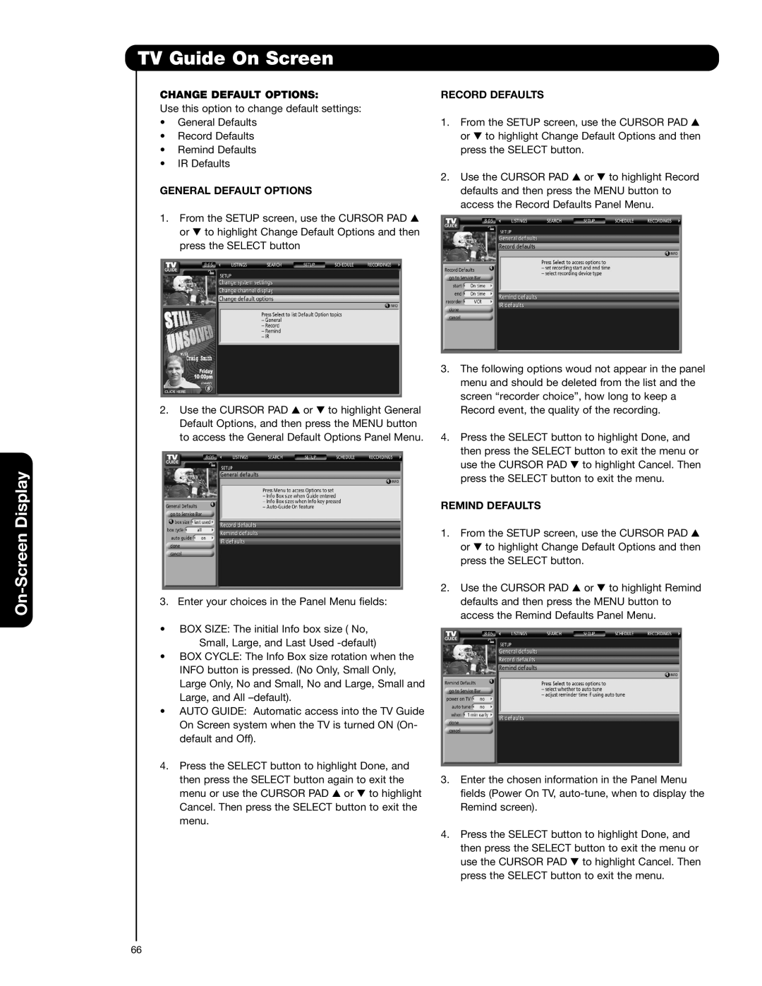 Hitachi 55HDT52 Change Default Options, General Default Options, Record Defaults, Remind Defaults 