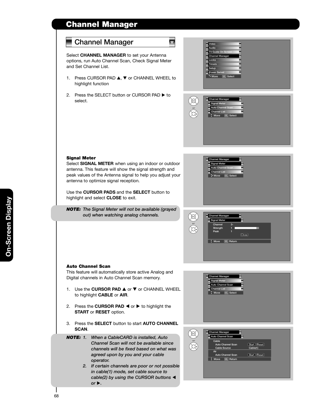 Hitachi 55HDT52 important safety instructions Channel Manager, Signal Meter, Auto Channel Scan, Start or Reset option 