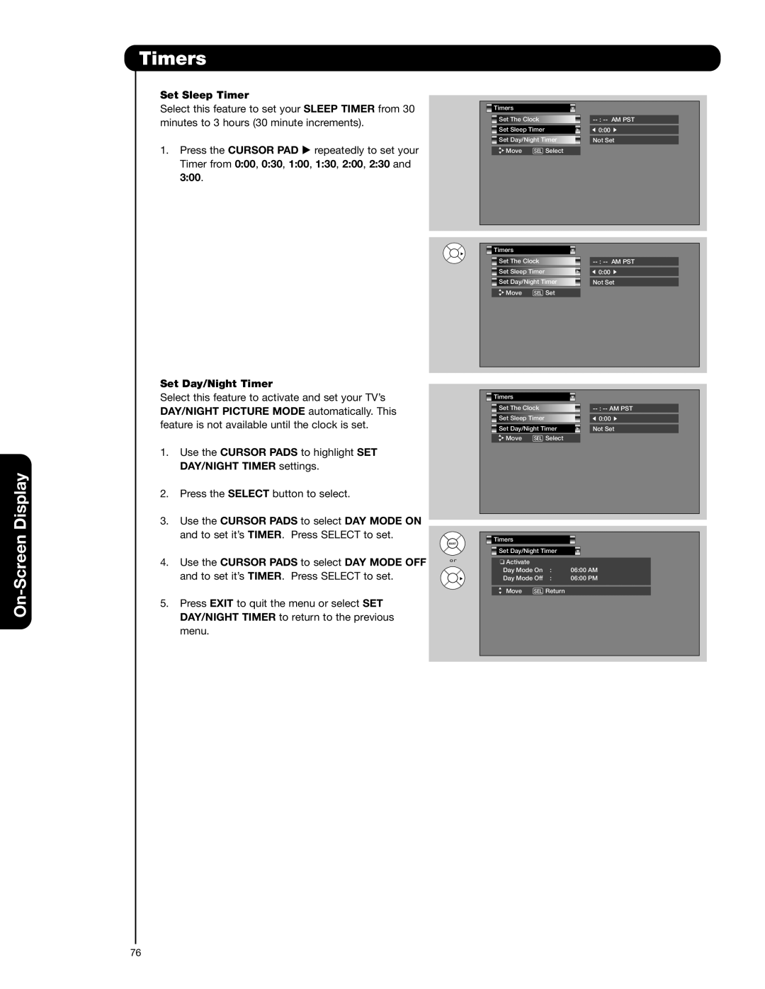 Hitachi 55HDT52 important safety instructions Set Sleep Timer, Set Day/Night Timer 