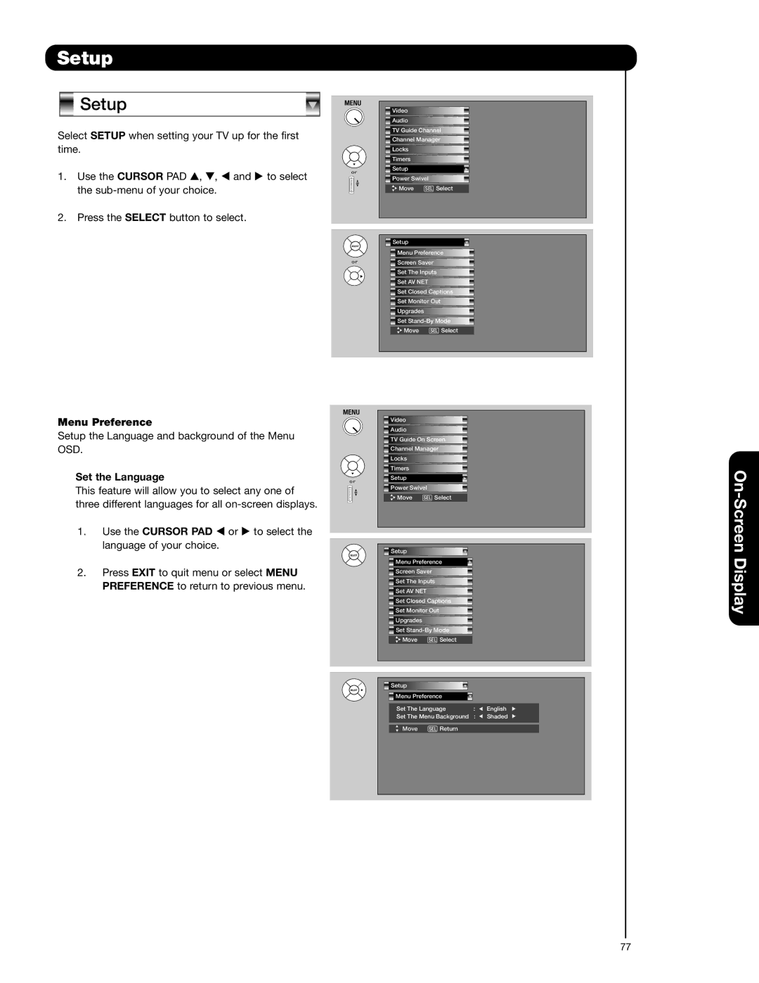 Hitachi 55HDT52 important safety instructions Setup, Menu Preference, Set the Language 