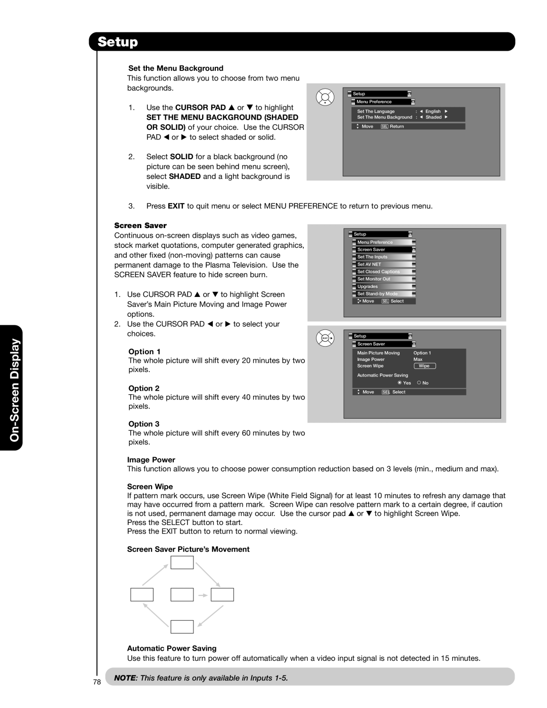 Hitachi 55HDT52 important safety instructions Set the Menu Background, Screen Saver, Option, Image Power, Screen Wipe 