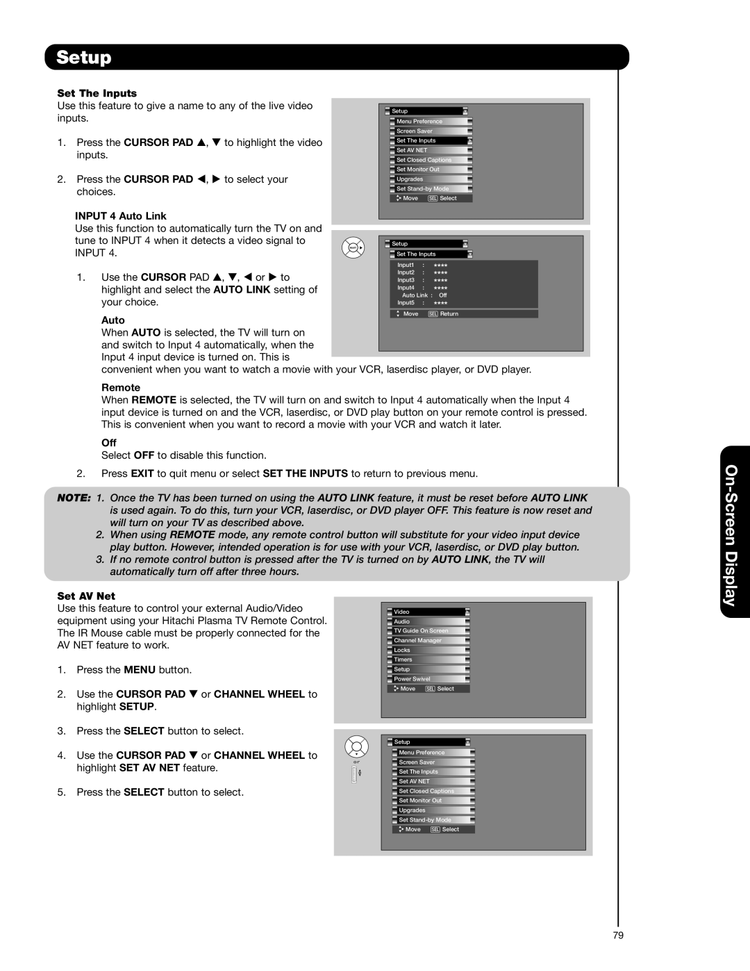 Hitachi 55HDT52 important safety instructions Auto, Remote, Off, Set AV Net 