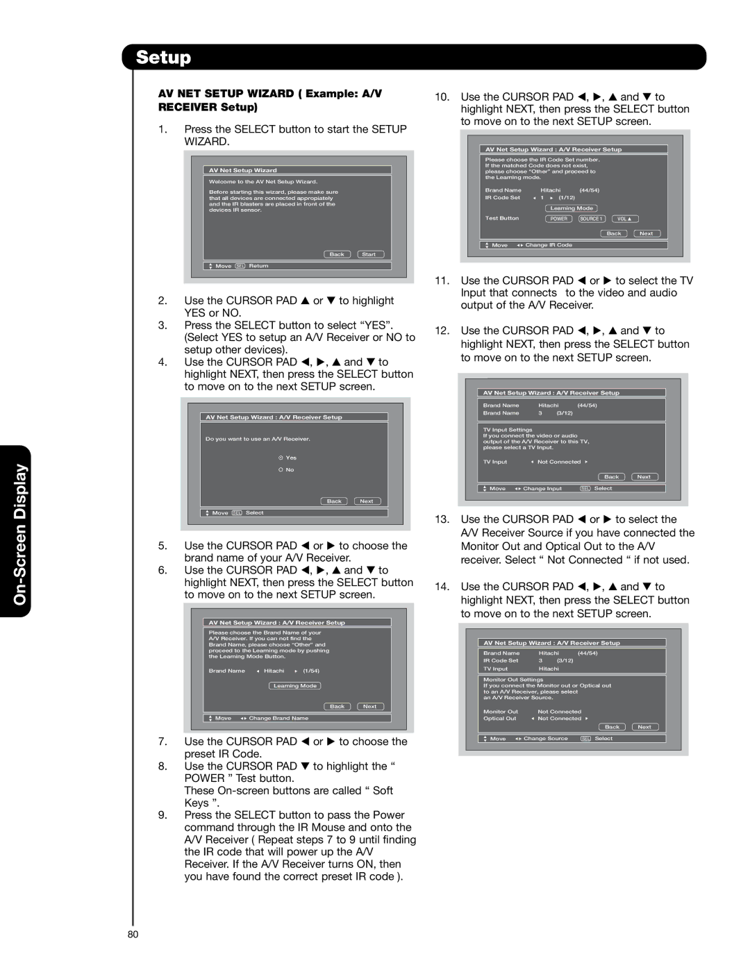 Hitachi 55HDT52 important safety instructions AV NET Setup Wizard Example A/V Receiver Setup 