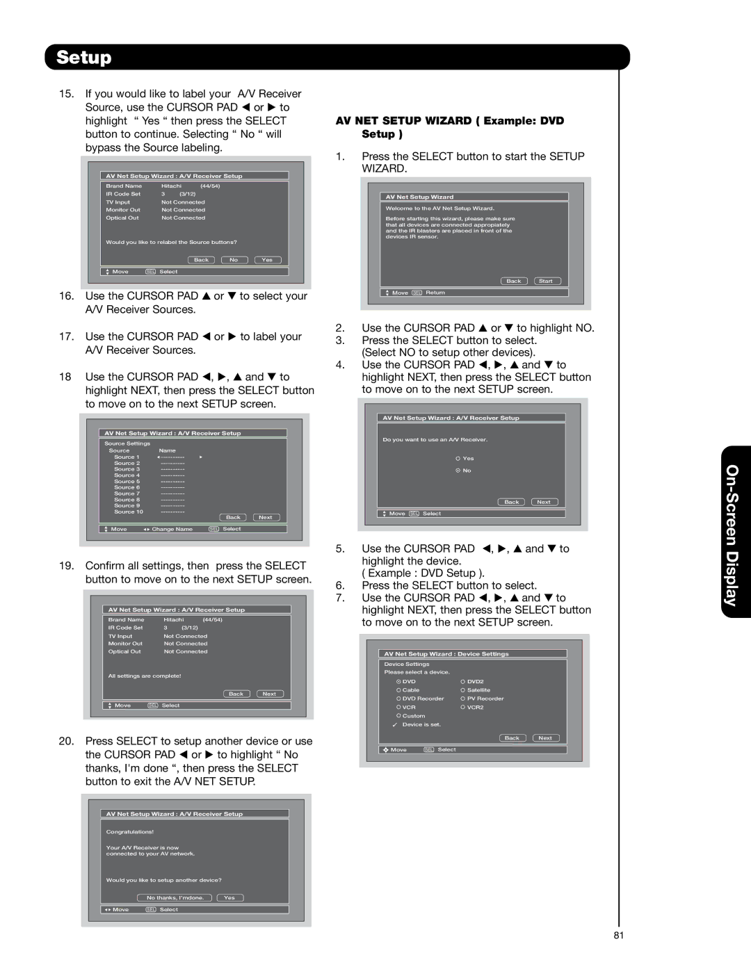 Hitachi 55HDT52 important safety instructions AV NET Setup Wizard Example DVD Setup 