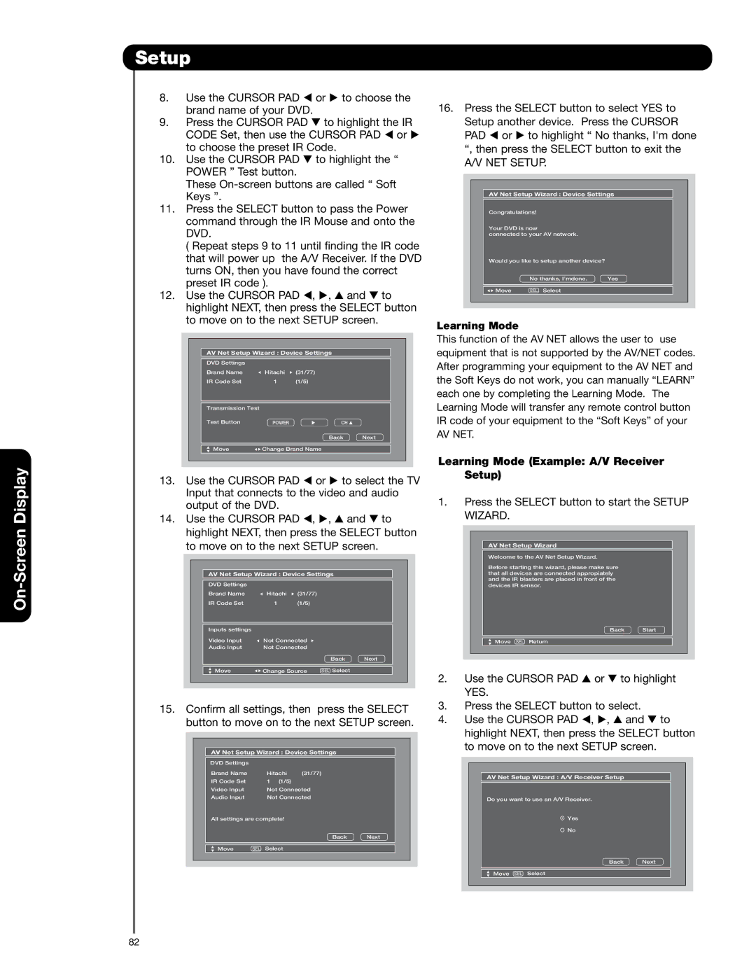 Hitachi 55HDT52 important safety instructions NET Setup, Learning Mode 