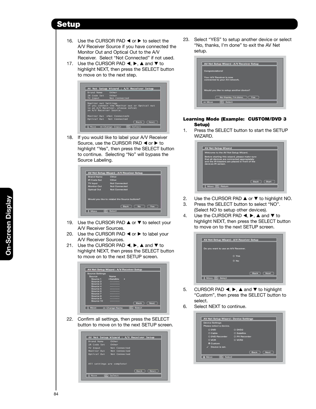 Hitachi 55HDT52 important safety instructions Learning Mode Example CUSTOM/DVD 3 Setup 