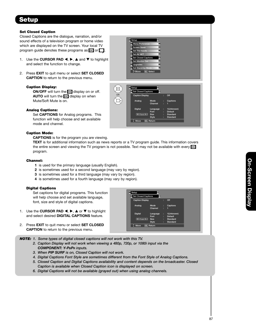 Hitachi 55HDT52 Set Closed Caption, Caption Display, Analog Captions, Caption Mode, Channel, Digital Captions 