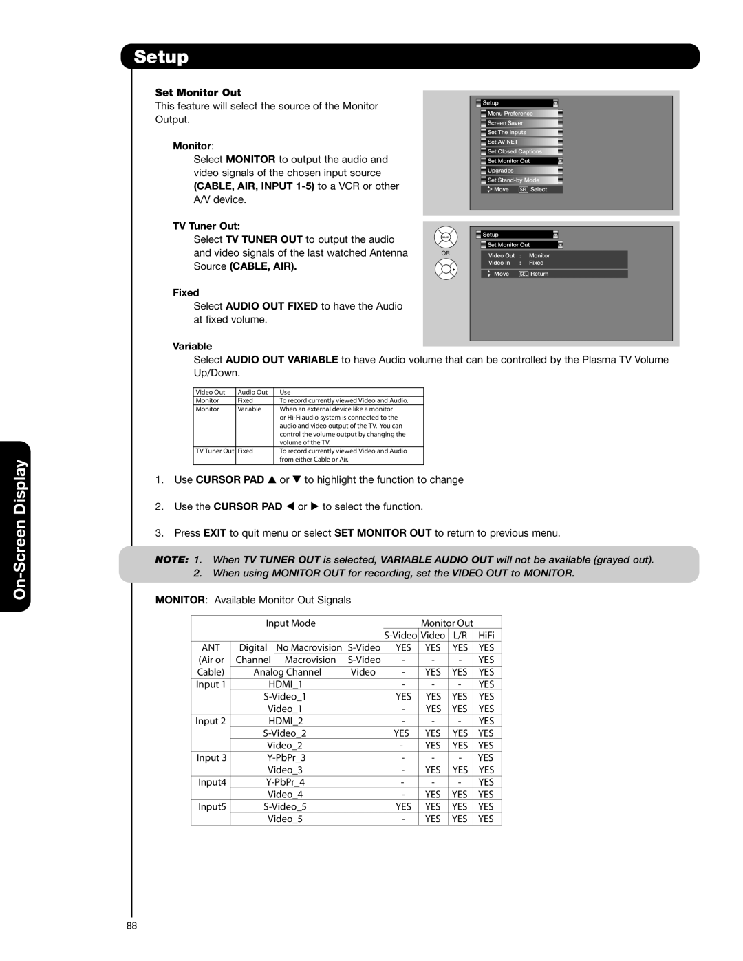 Hitachi 55HDT52 important safety instructions Set Monitor Out, TV Tuner Out, Fixed, Variable, Use Cursor PAD 