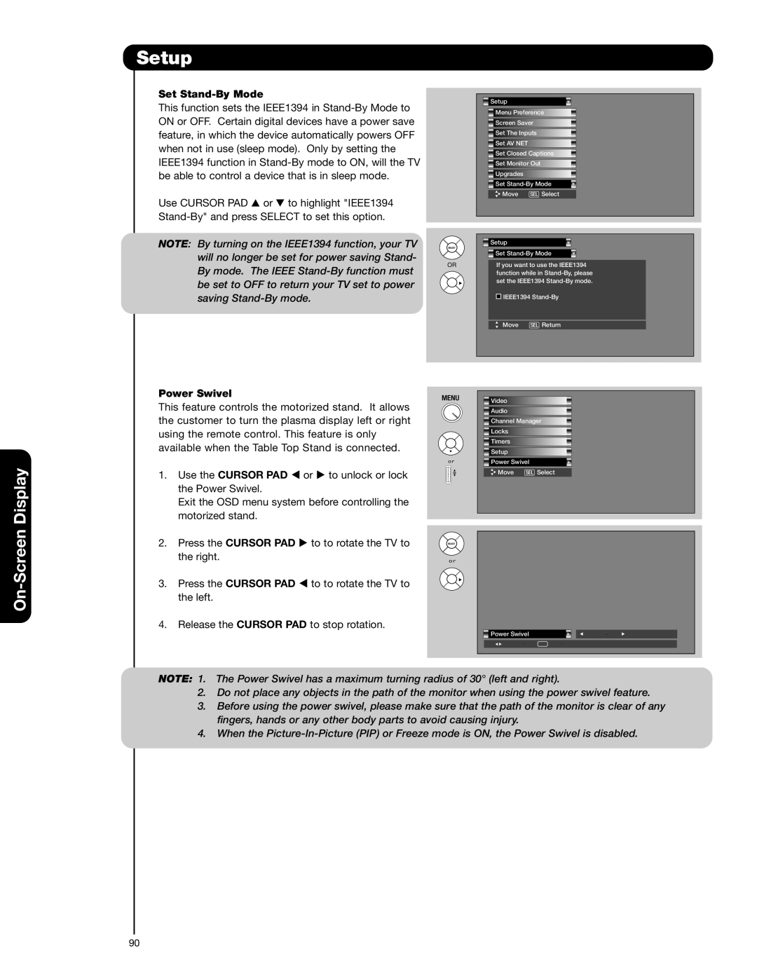 Hitachi 55HDT52 important safety instructions Set Stand-By Mode, Power Swivel 