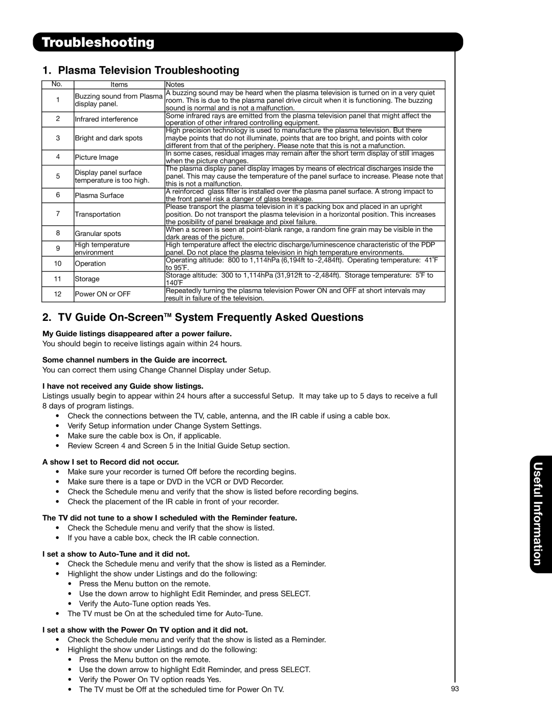 Hitachi 55HDT52 important safety instructions Troubleshooting 