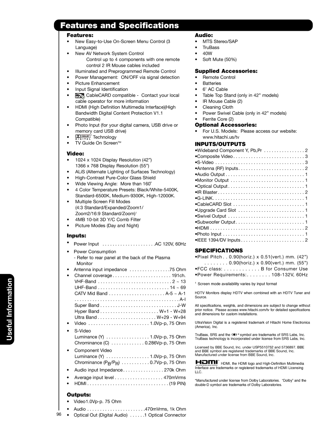 Hitachi 55HDT52 important safety instructions Features and Specifications 