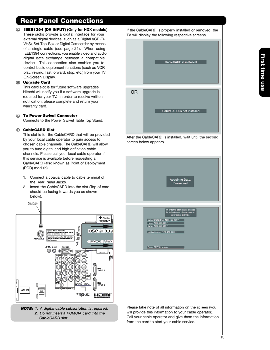 Hitachi 42HDT79, 55HDT79, 42HDX99, 55HDX99 Upgrade Card, To Power Swivel Connector, CableCARD Slot 