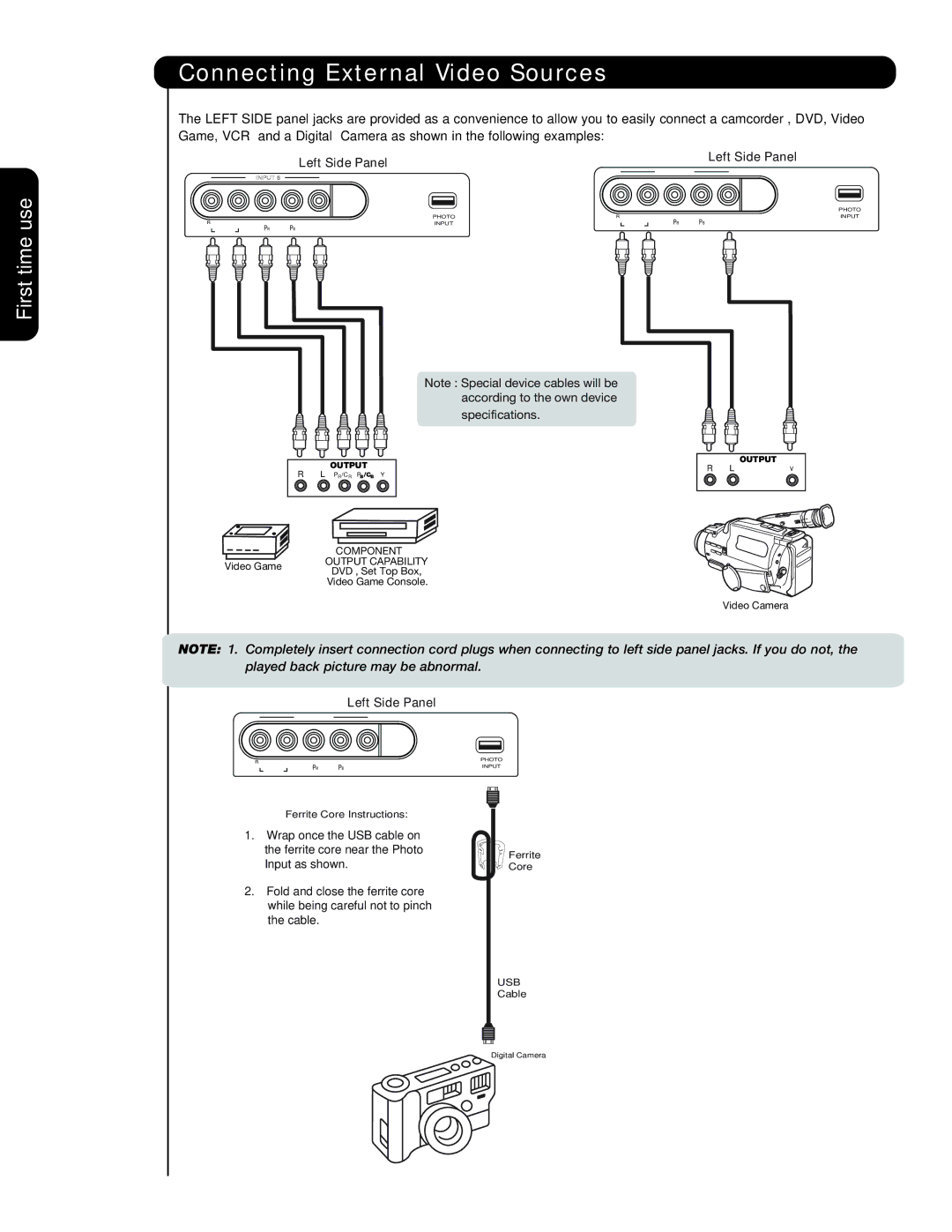 Hitachi 42HDX99, 55HDT79, 42HDT79, 55HDX99 important safety instructions Connecting External Video Sources, Left Side Panel 