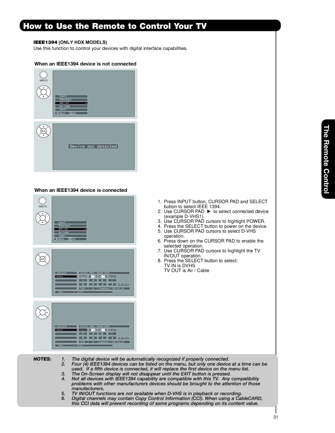 Hitachi 55HDX99, 55HDT79, 42HDT79, 42HDX99 important safety instructions Remote Control, IEEE1394 only HDX Models 