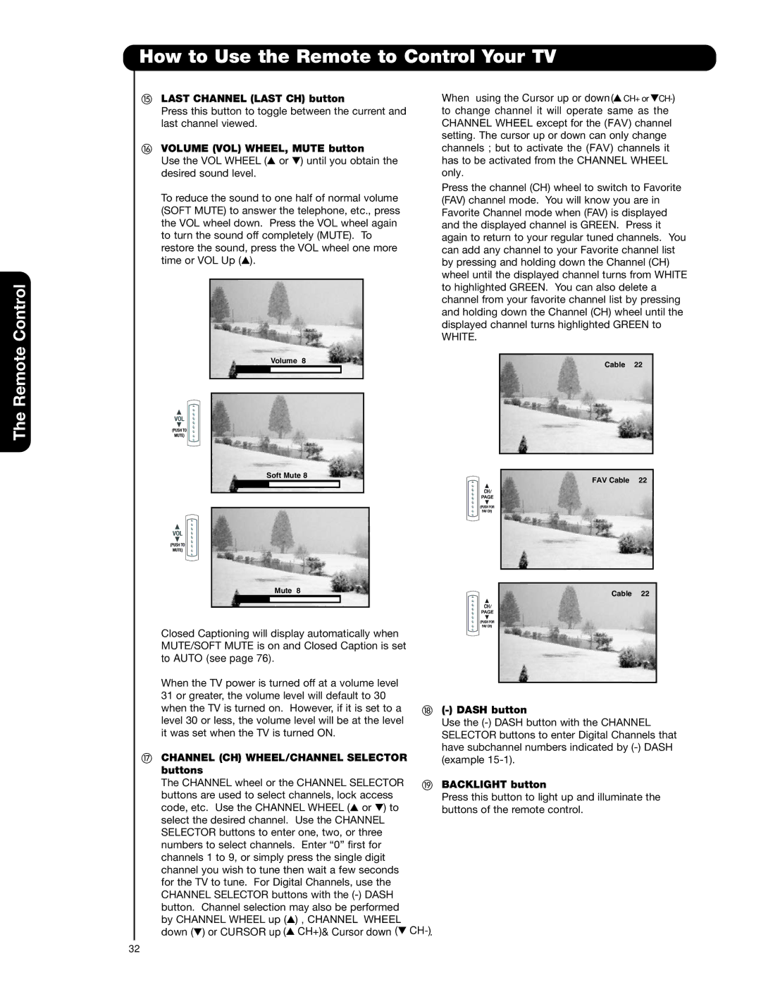 Hitachi 55HDT79 Last Channel Last CH button, Volume VOL WHEEL, Mute button, Channel CH WHEEL/CHANNEL Selector buttons 