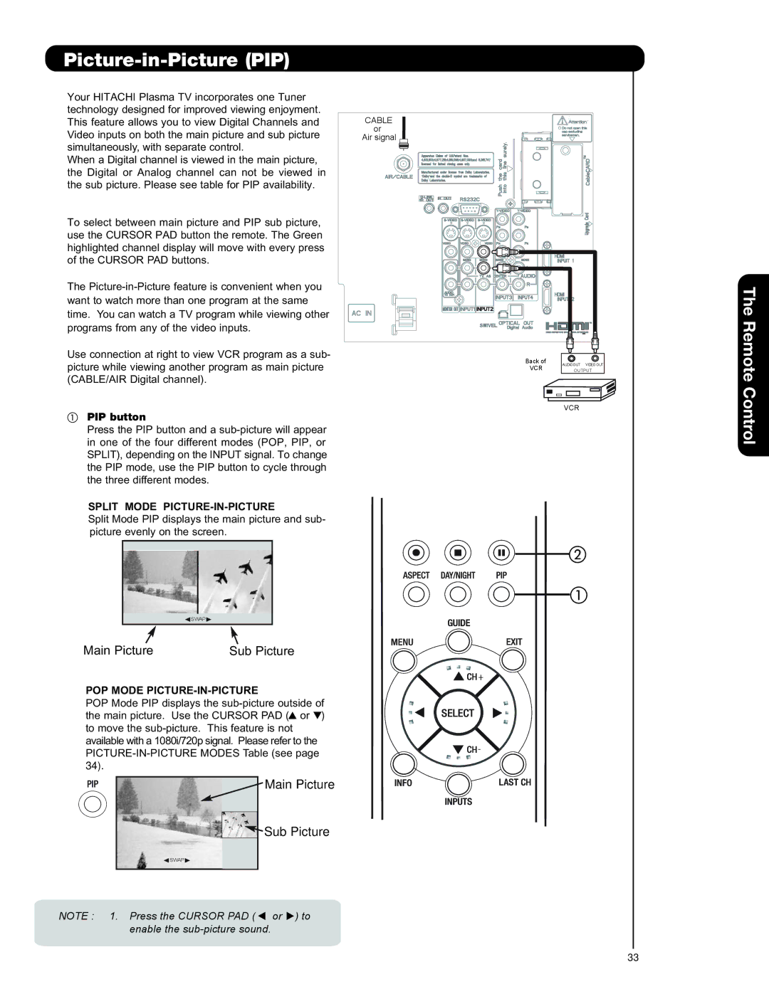 Hitachi 42HDT79, 55HDT79 Picture-in-Picture PIP, PIP button, Split Mode PICTURE-IN-PICTURE, POP Mode PICTURE-IN-PICTURE 