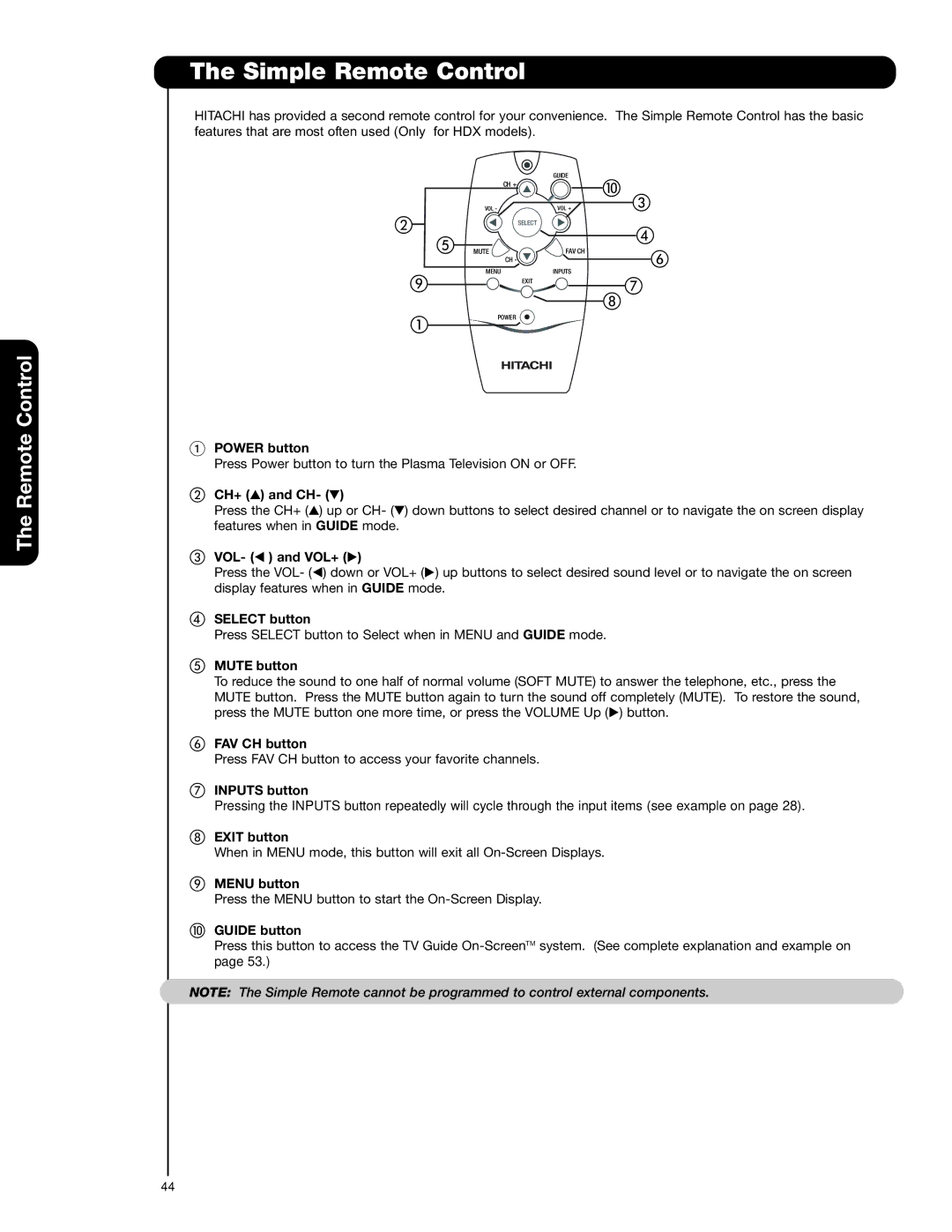 Hitachi 55HDT79, 42HDT79, 42HDX99, 55HDX99 important safety instructions Simple Remote Control 