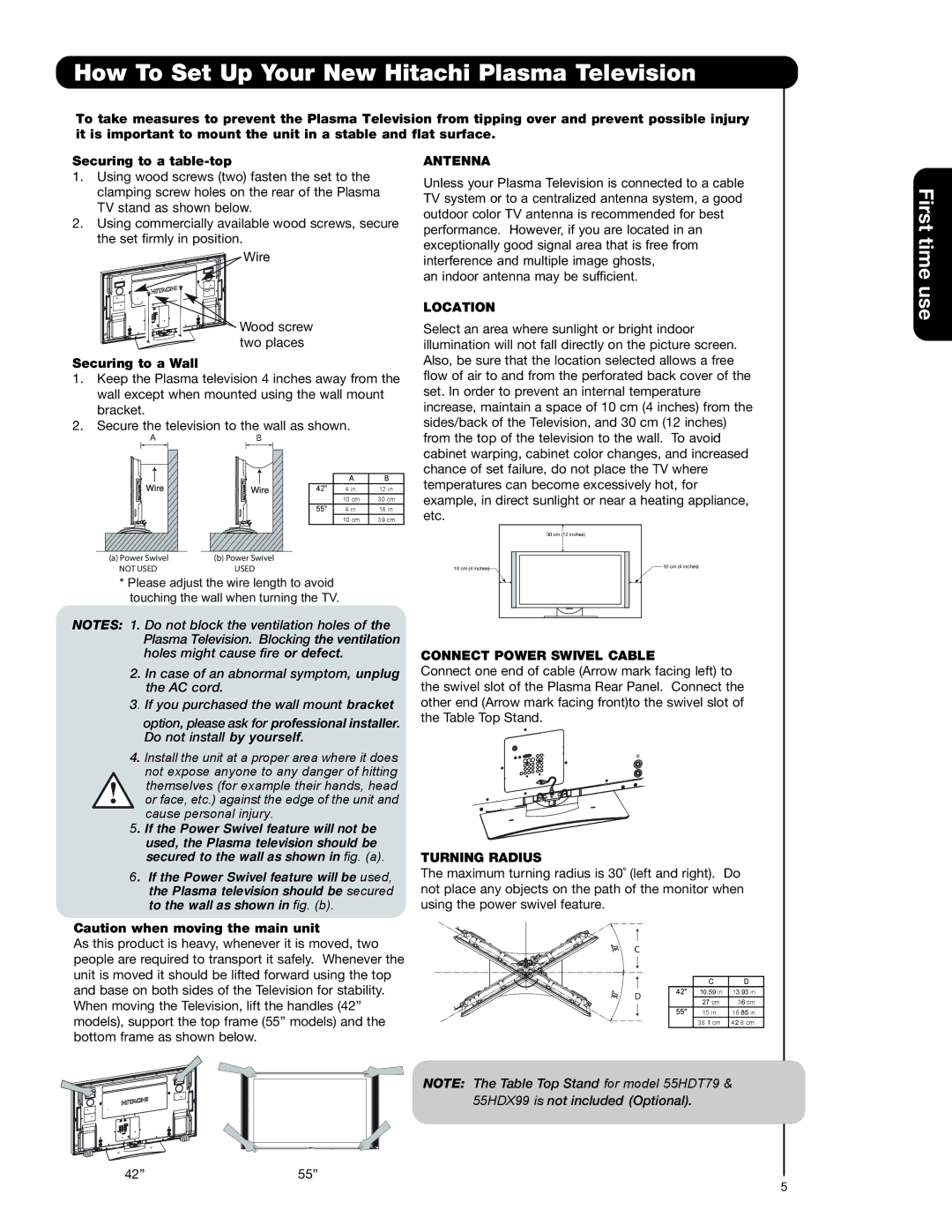 Hitachi 42HDT79, 55HDT79 How To Set Up Your New Hitachi Plasma Television, Antenna, Location, Connect Power Swivel Cable 