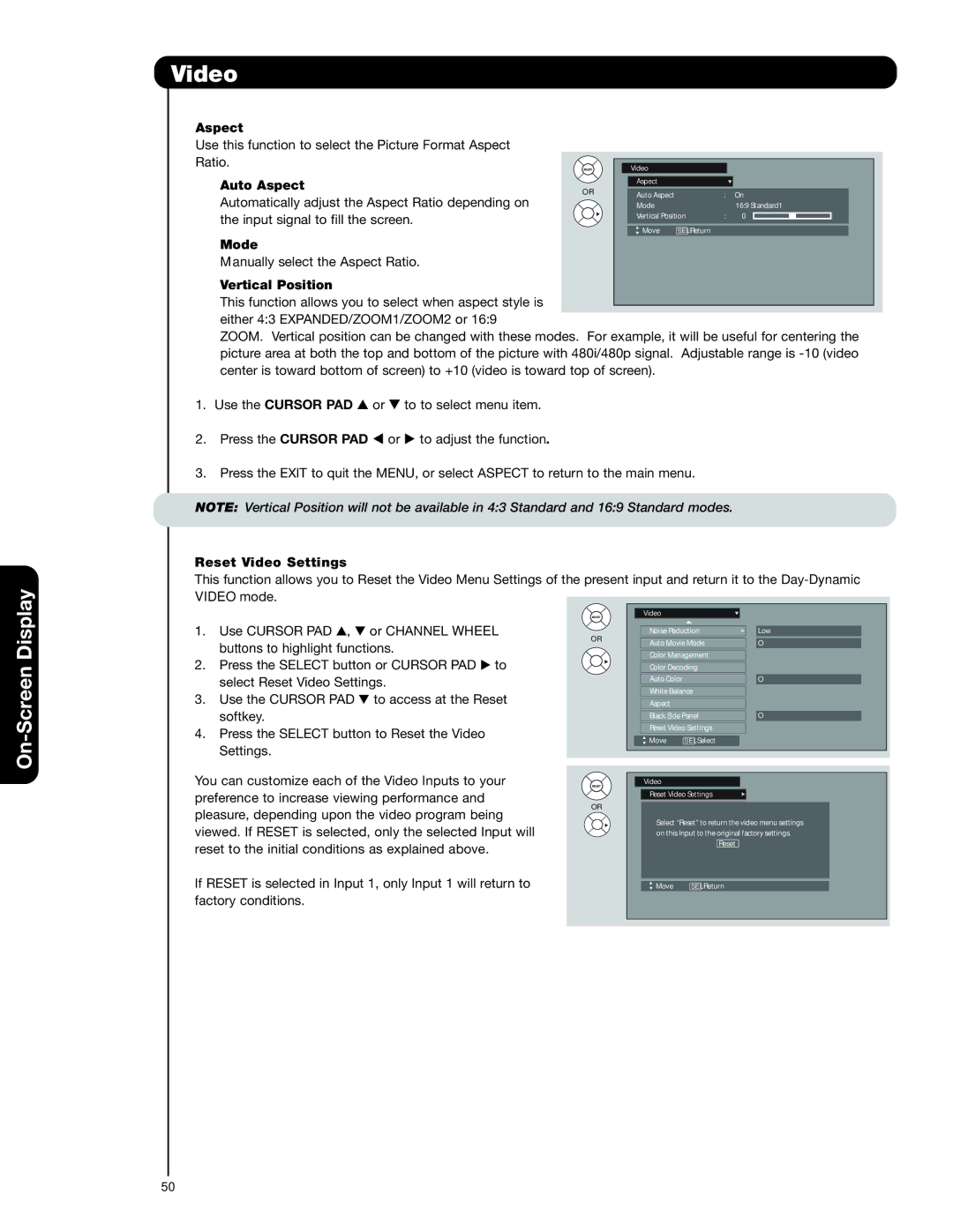 Hitachi 42HDX99, 55HDT79, 42HDT79, 55HDX99 important safety instructions Vertical Position, Reset Video Settings 