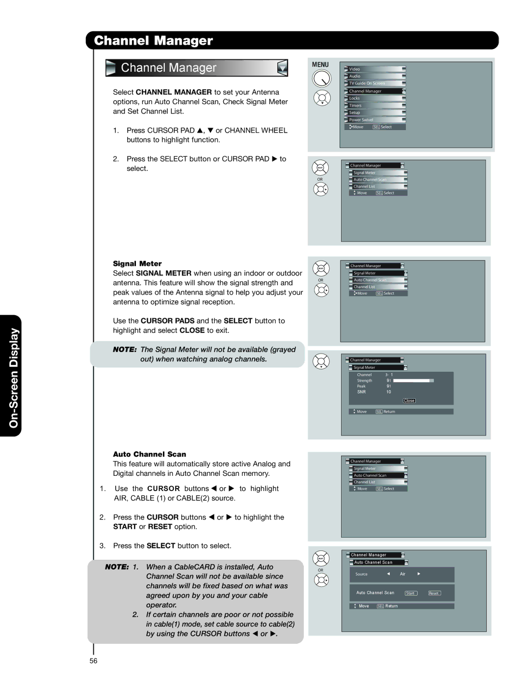 Hitachi 55HDT79, 42HDT79, 42HDX99, 55HDX99 Channel Manager, Signal Meter, Auto Channel Scan, Start or Reset option 