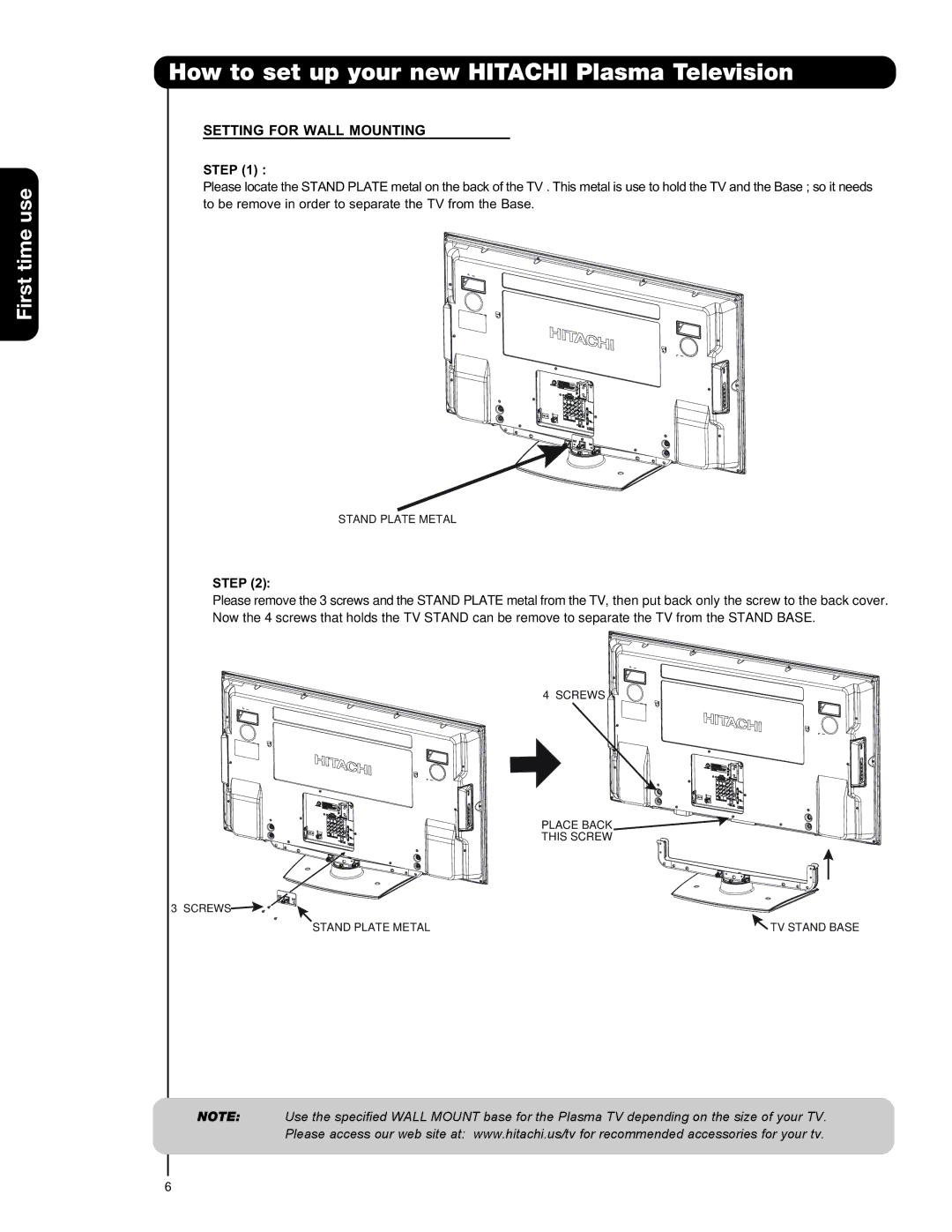 Hitachi 42HDX99, 55HDT79, 42HDT79, 55HDX99 important safety instructions Setting for Wall Mounting, Step 