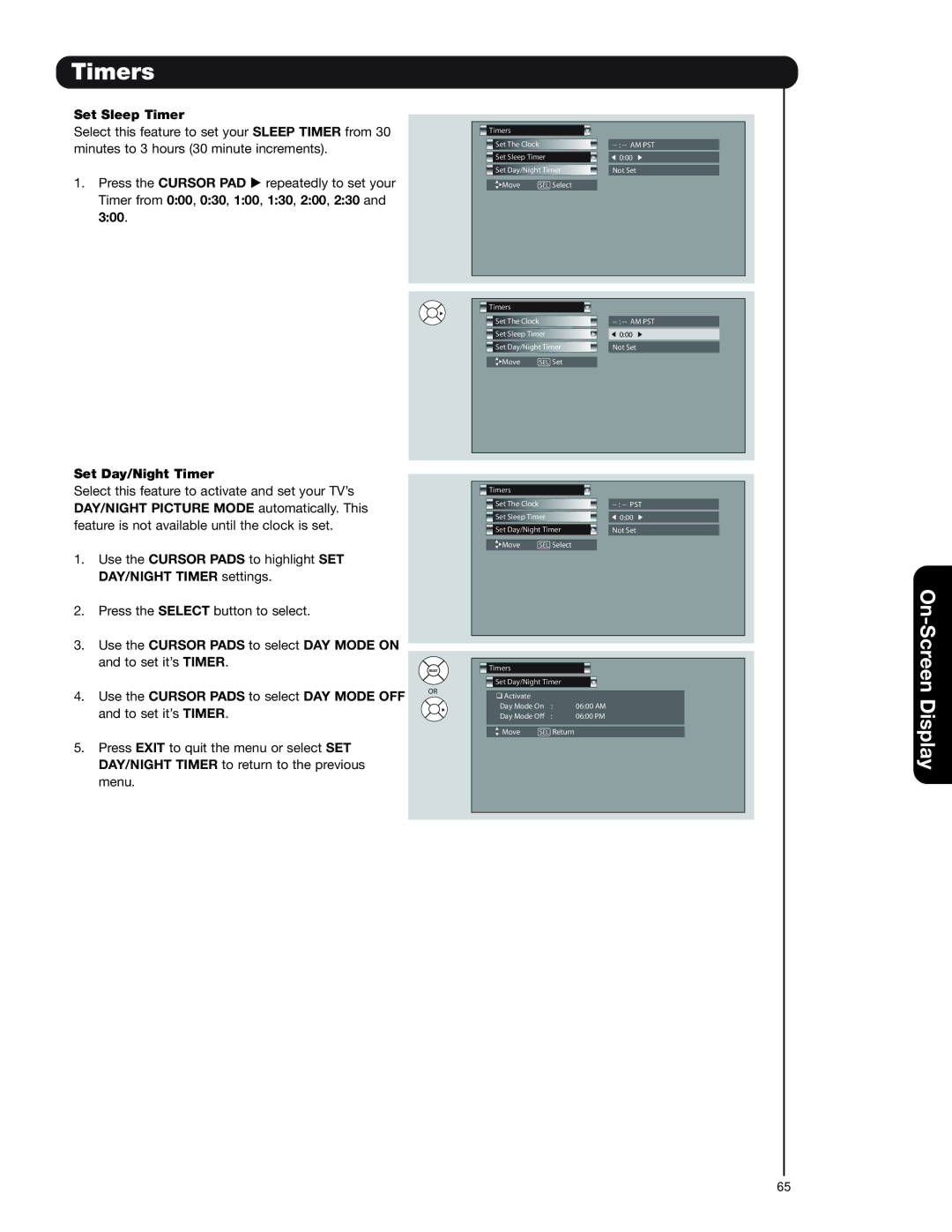 Hitachi 42HDT79, 55HDT79, 42HDX99, 55HDX99 Set Sleep Timer, Set Day/Night Timer, Use the Cursor Pads to select DAY Mode on 